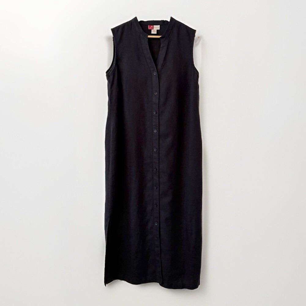 JM Collection Women 18W Black Linen Sleeveless Button Front Maxi Dress Eyelet